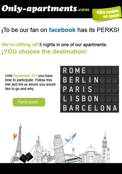 Ser fan nuestro tiene premio. Sorteamos 3 noches de apartamento, tú eliges dónde. Ser fan nuestro tiene premio. Sorteamos 3 noches de apartamento, tú eliges dónde.